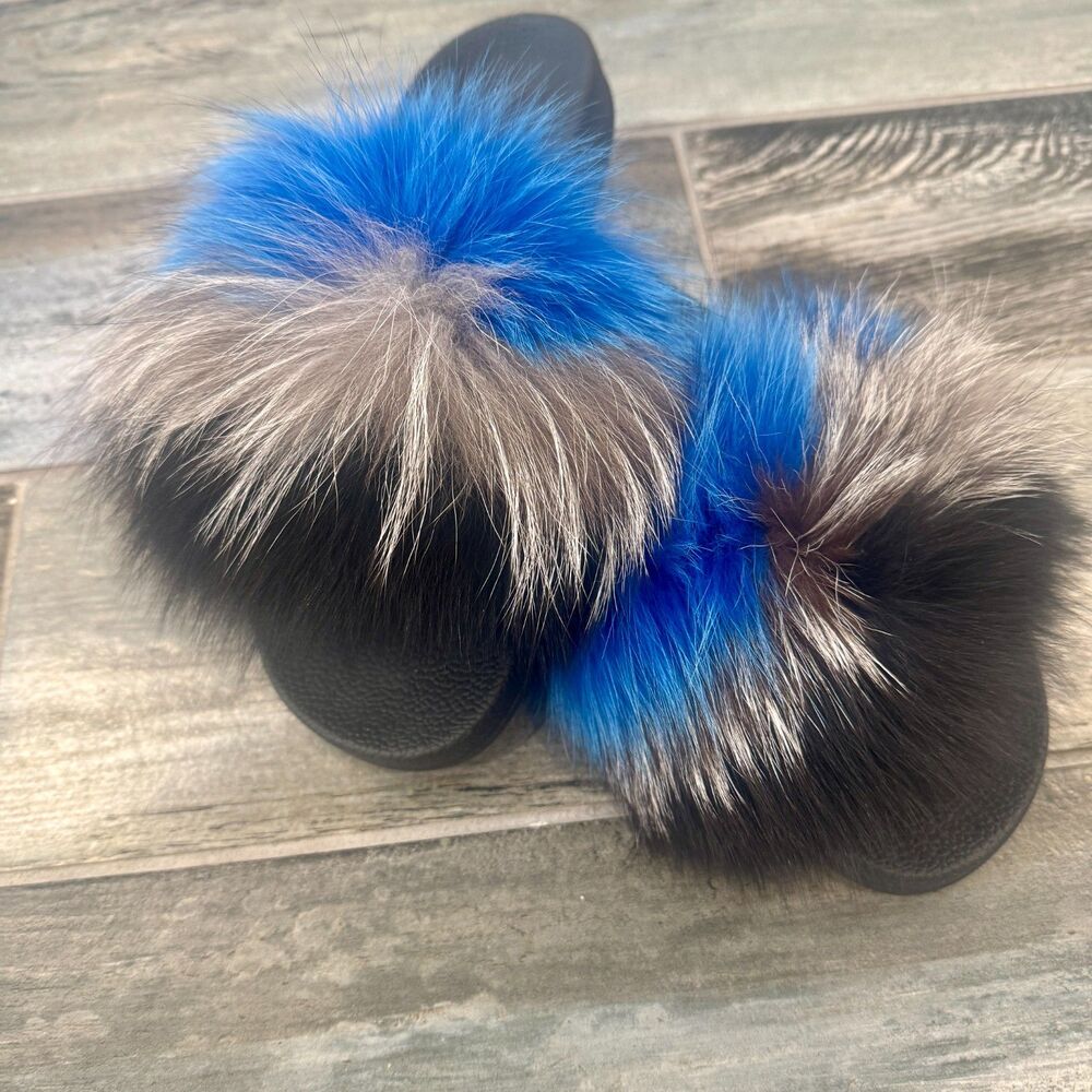 Real Fox Fur Slides Slippers Indoor Outdoor Womens Shoes Blue Pink Sizes 7 - 8